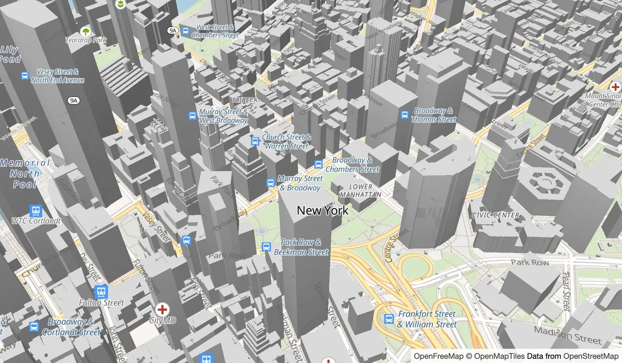 Gray buildings rise above streets in Lower Manhattan, with labels drawn over the buildings.