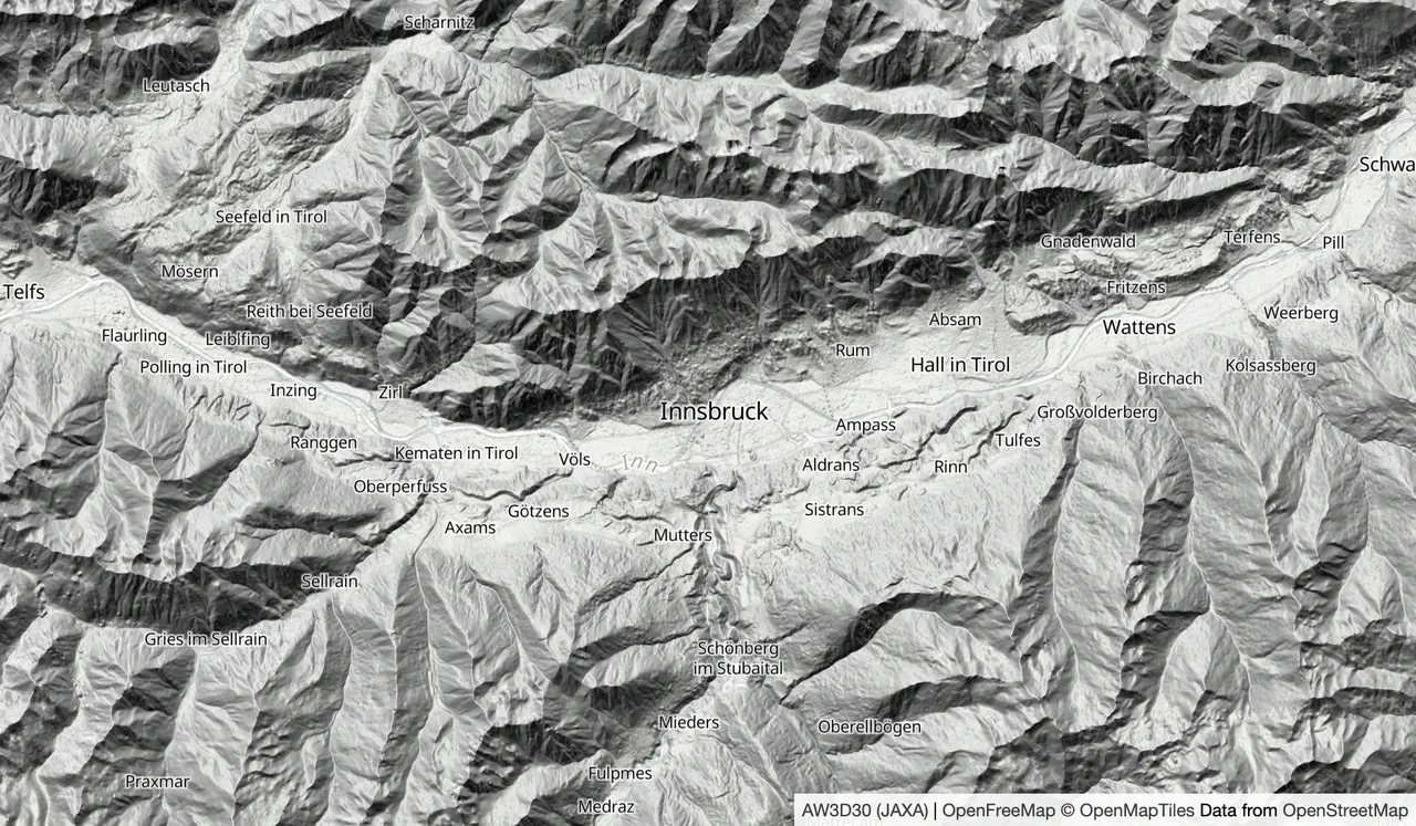 Shadows and highlights show mountain ridges and valleys around Innsbruck on a flat map.