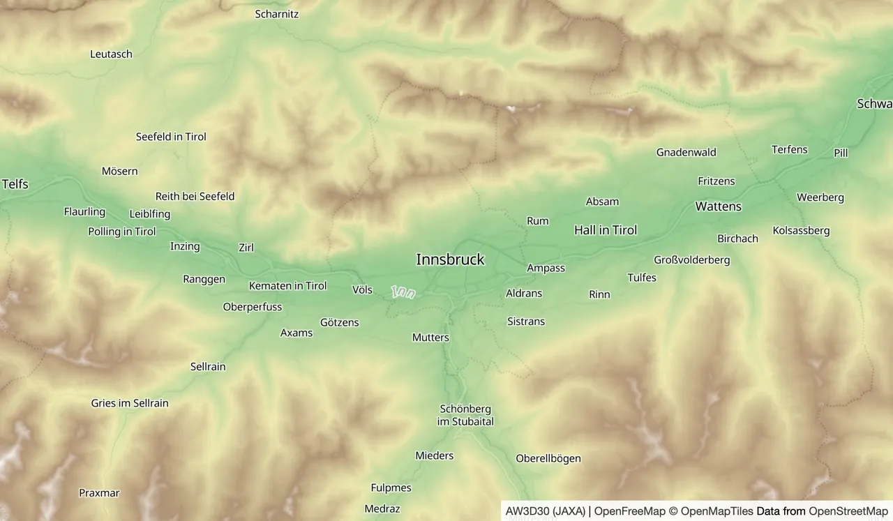Elevation colors around Innsbruck change from green in the valleys to yellow and brown on higher mountains.